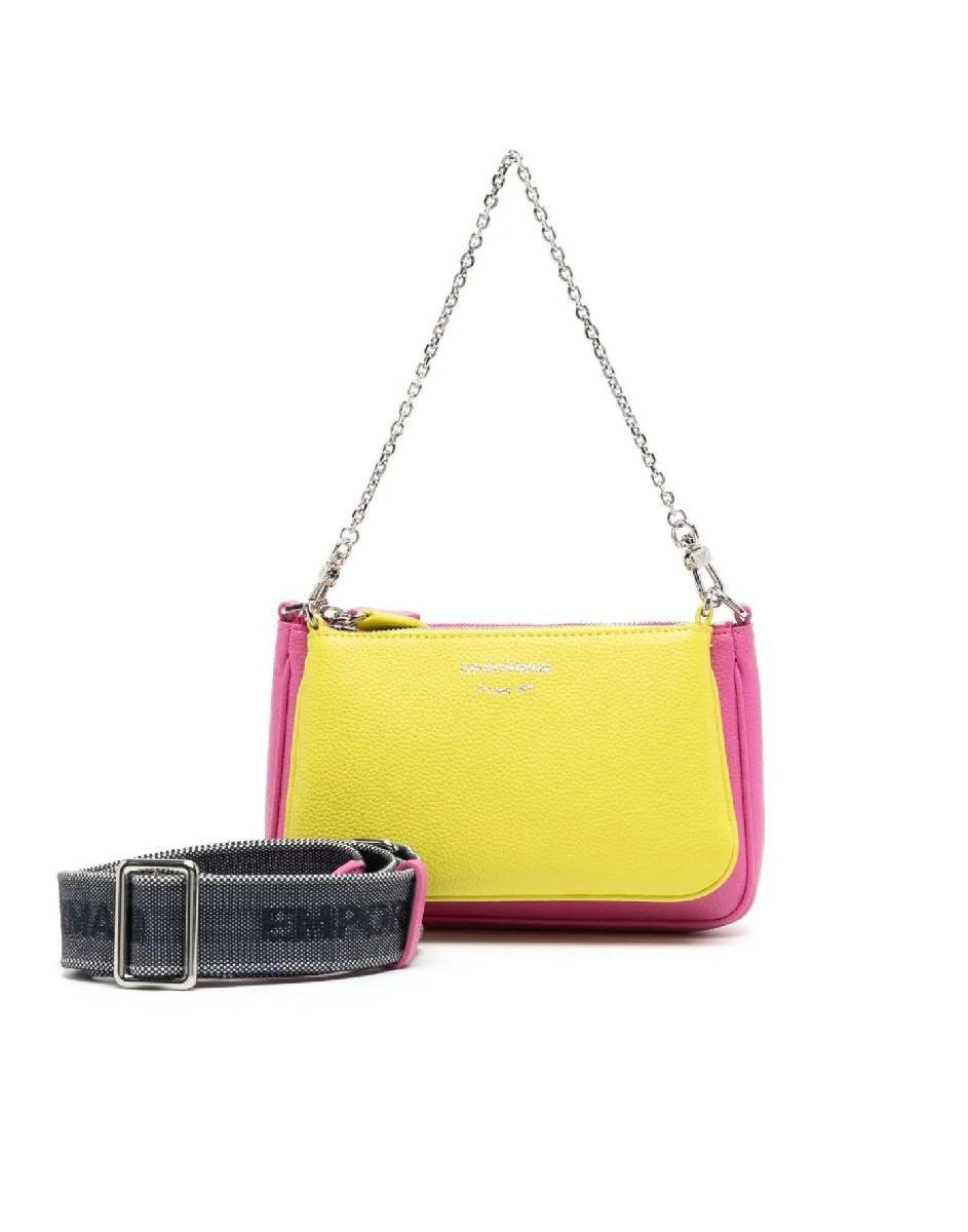Emporio Armani Mini Borsa Doppia Fucsia E Verde Lime Stampa Cervo Con Tracolla Regolabile, Estraibile In Nastro Con Logo Lettering All Over