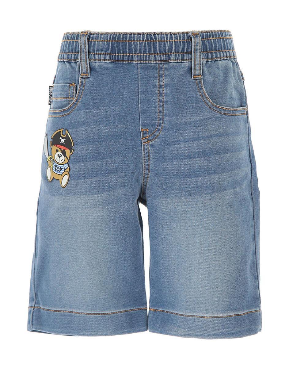 Moschino Pantaloncino In Jeans Denim Blu Con Patch Teddy Bear
