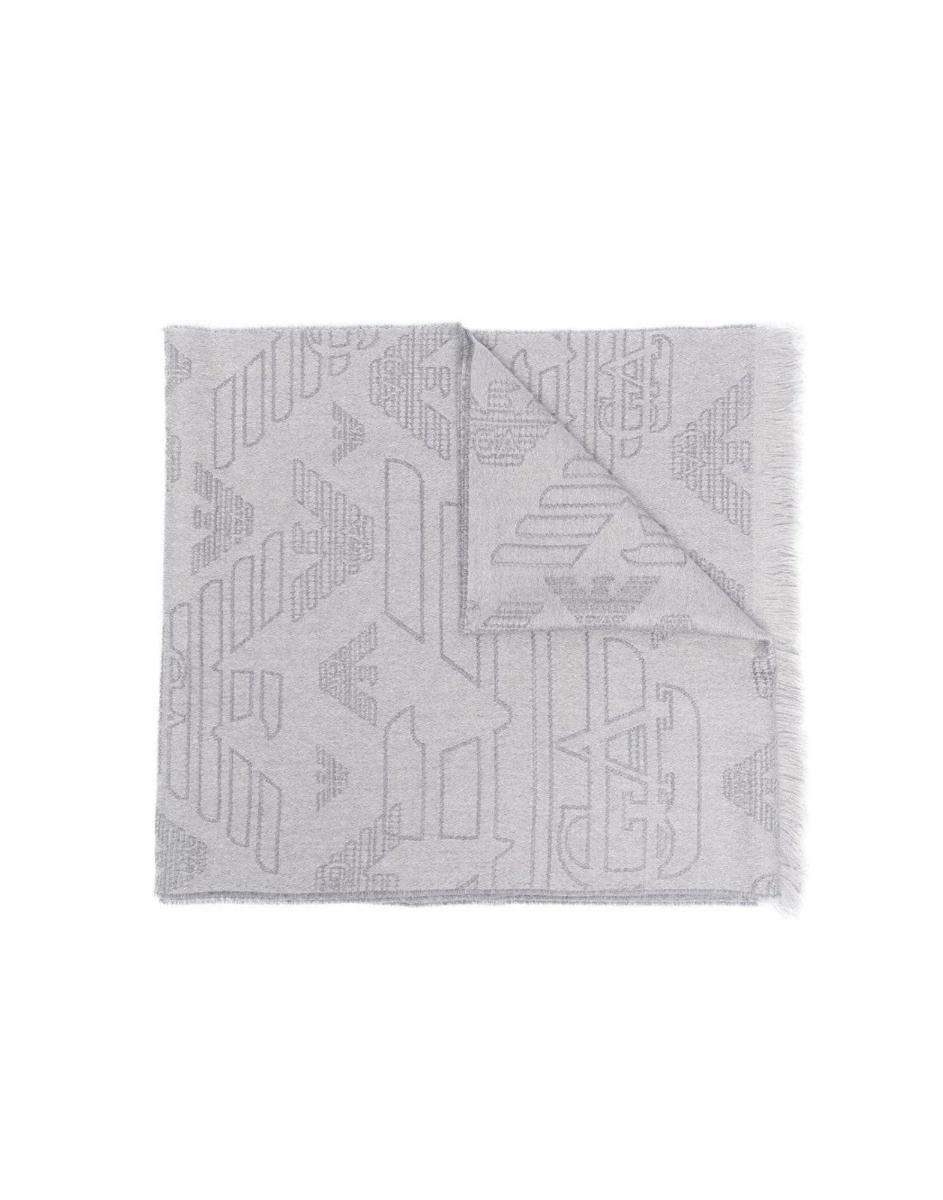 Emporio Armani Sciarpa In Lana Pearl E Grey Con Logo Eagle All Over