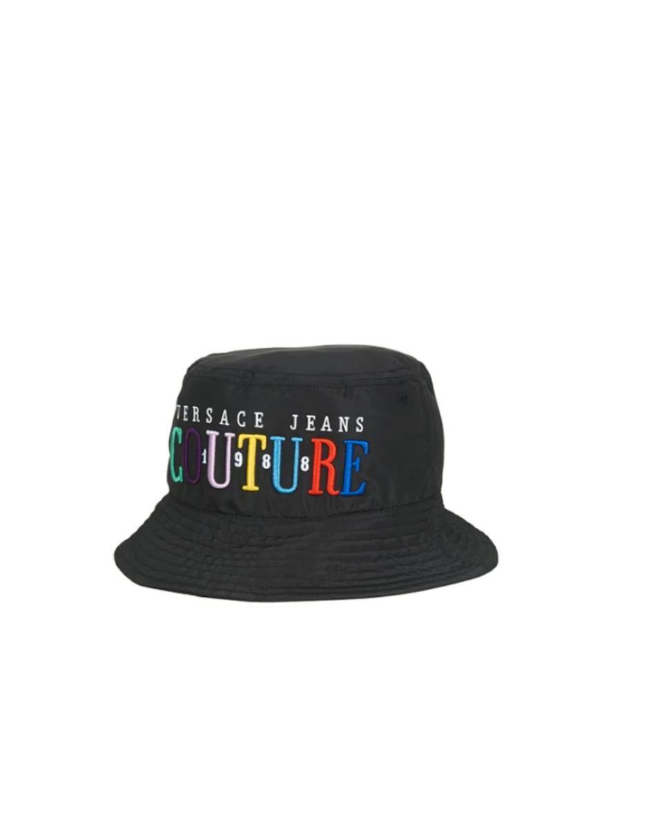 Versace Jeans Couture Cloche In Nylon Nera Unisex Con Logo Ricamato Multicolore Nella Parte Anteriore