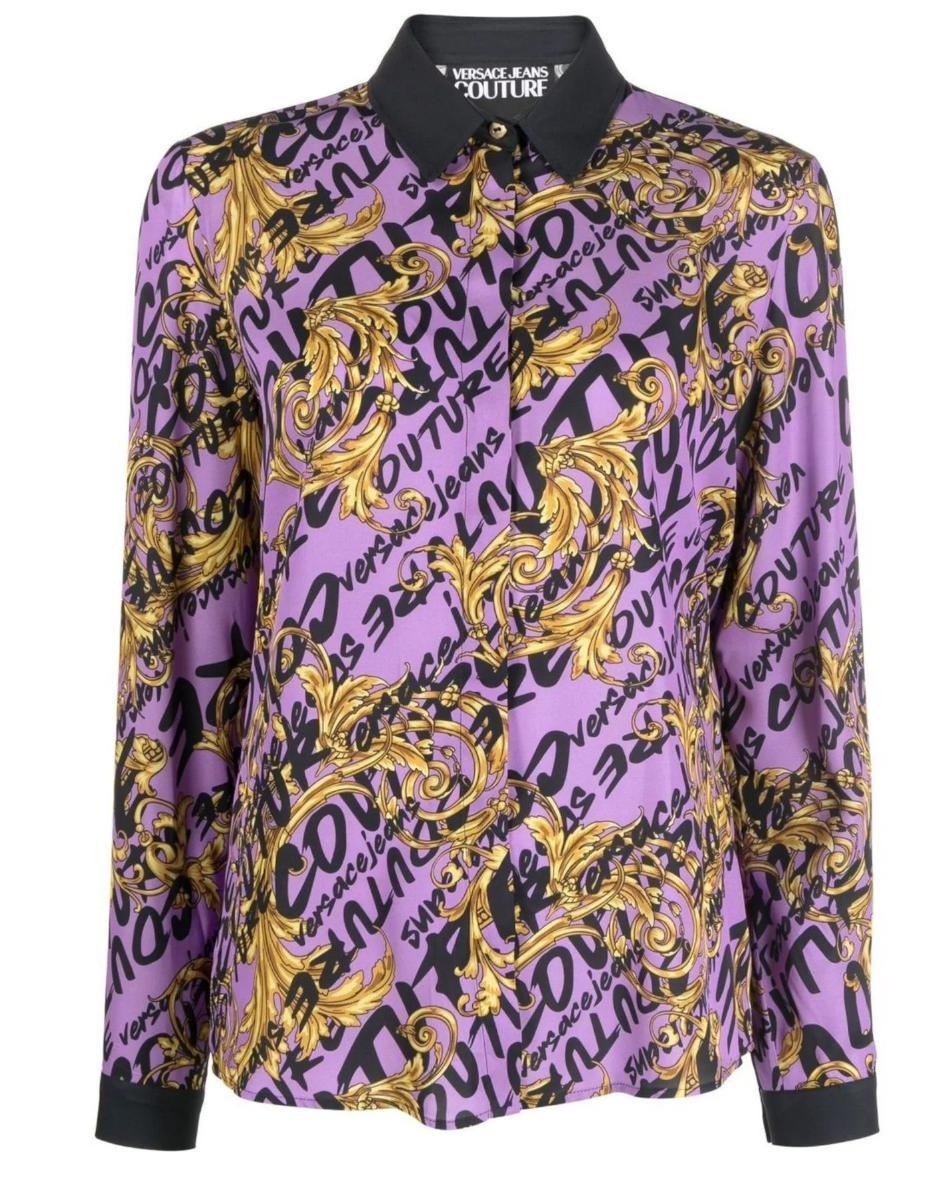 Versace Jeans Couture Camicia Lilla Con Stampa Logo Brush Couture All Over