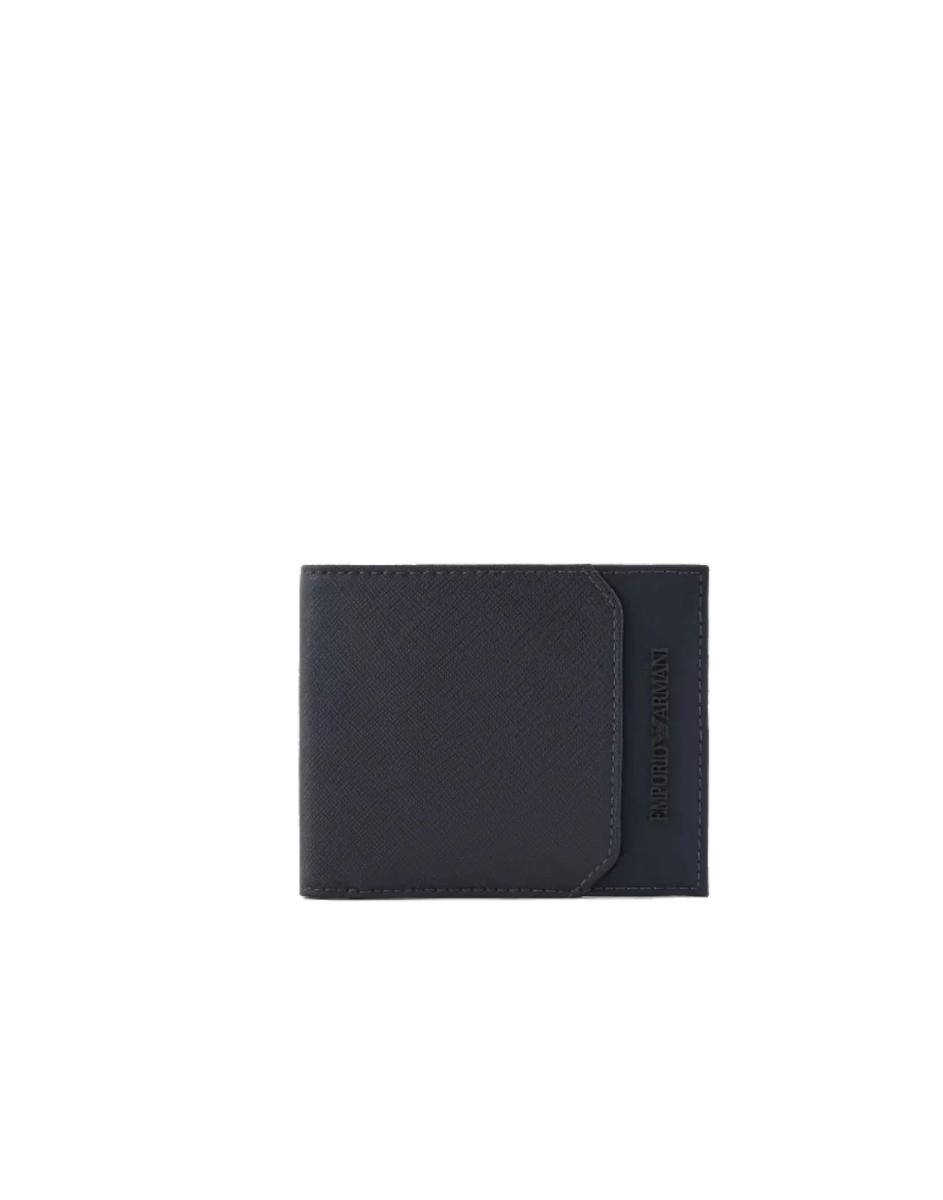 Emporio Armani Portafoglio Bifold Blue In Saffiano E Nylon Con Logo Lettering
