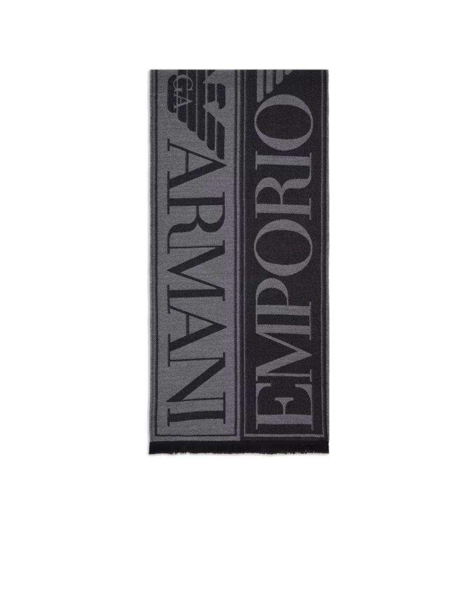 Emporio Armani Sciarpa Black In Lana Vergine Jacquard Con Maxi Lettering