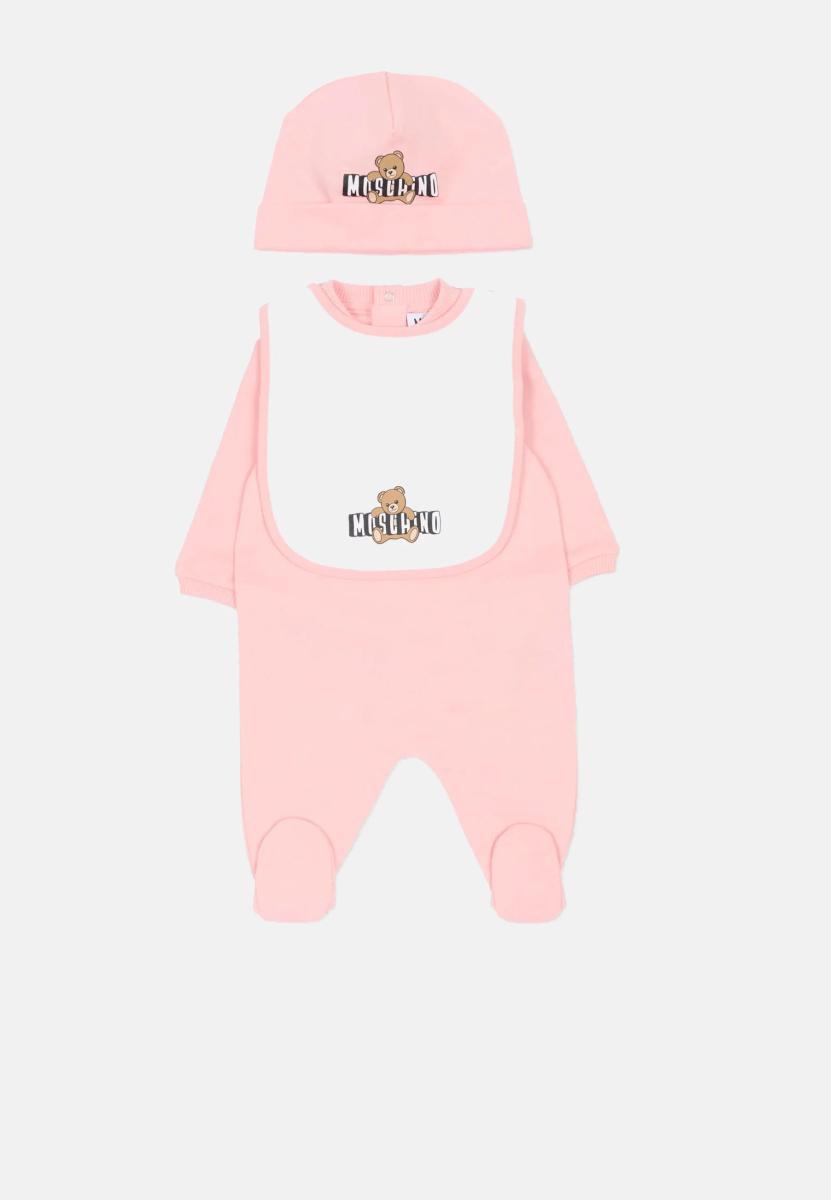 Moschino Set Tutina, Bavaglino E Cappellino Con Logo Lettering E Teddy Bear